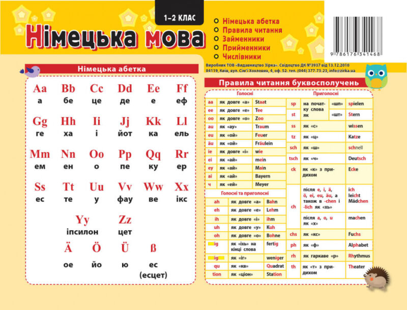 Картонка-підказка Німецька мова 1 кл. 20*15 см Зірка 109265 (9786176341468) (301991)